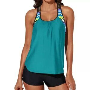 Aleumdr Tankini Set Blouson Push-up Strappy T-Back Two Piece Blue Black Large L